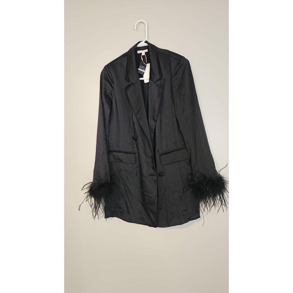 Glamorous Feather Cuff Satin Blazer Dress for Women – Heavy Satin, Fully Lined - Picture 2 of 4